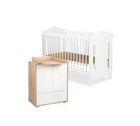 IDA Ensemble Lit bébé évolutif et commode 120x60 avec barrière Blanc | Plan à langer amovible, 4 étagères réglables et tiroir. Sommier ajustable sur 3 hauteurs avec 3 barreaux amovibles.