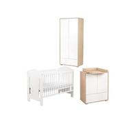IDA Chambre bébé lit commode armoire Blanc 120x60 avec barrière | Lit évolutif avec sommier réglable sur 3 hauteurs. Commode avec plan à langer amovible et armoire à rangements modulables.