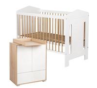 IDA Ensemble Lit bébé évolutif et commode 120x60 avec barrière Blanc / Bois | Plan à langer amovible, 4 étagères réglables et tiroir. Sommier ajustable sur 3 hauteurs avec 3 barreaux amovibles.
