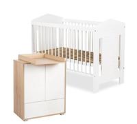 IDA Ensemble Lit bébé évolutif et commode 120x60 avec barrière Blanc | Plan à langer amovible, 4 étagères réglables et tiroir. Sommier ajustable sur 3 hauteurs avec 3 barreaux amovibles.
