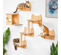 IDAE Lot de 9 étagères murales pour chat - Grimpeur mural moderne avec maison, marches et griffoir - Meubles pour grands chats d'intérieur - Bois naturel
