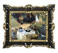Idea Casa Tableau sur Papier Toile, Tableau de Monet Petit Déjeuner dans le Jardin avec Cadre de Style Baroque 45X37 (Noir/Or)