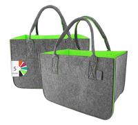IDEA HOME Sac en Feutre Shopper 2 pièces Grand - 30 litres Sac de Courses XXL Pliable Panier à Bois de Cheminée Sac à Jouets, Gris Foncé/Vert Citron, XL