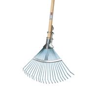 IDEAL Balai à éventail professionnel réglable | 22 dents plates émoussées en acier à ressort | 4 dents extérieures renforcées | bleu galvanisé | largeur de travail 320-480 mm | manche long en frêne