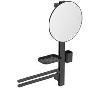 Ideal Standard Alu+ Miroir de courtoisie, Combinaison d'accessoires M, avec Miroir cosmétique Ø 328 mm et étagères réglables, fabriqué à partir d'aluminium recyclé à 84% - Noir Mat (580x145.5x717 mm)