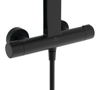 Ideal Standard Ceratherm Alu+ Système de douche avec thermostat de douche, 2 tablettes, douchette à main 2 fonctions, douches à tête carrée, BE210XG, Couleur: Silk Black