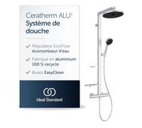 Ideal Standard Ceratherm Alu+ Système de douche exposé, fonctions de douche multiples, fonction thermostatique, économie d'eau et d'énergie, éléments centraux en aluminium, finition argent