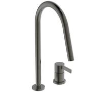 Ideal Standard - Gusto Mitigeur de cuisine à deux trous, Bec rond en C, avec la cartouche FirmaFlow, bec pivotant à 360°, Raccord vissé par le bas, Magnetic Grey