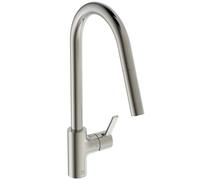 Ideal Standard - Gusto Mitigeur de cuisine, Bec rond en C, avec vaporisateur extractible, bec pivotant à 360°, facile à installer avec la fixation EasyFix+, Silver Storm