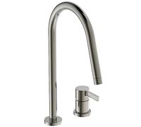 Ideal Standard Gusto Robinet de cuisine 2 trous, bec haut avec design rond, cartouche FirmaFlow, bec pivotant à 360°, raccord à vis par le bas, finition PVD, Silver Storm