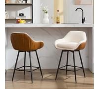IDEALHOUSE Lot de 2 tabourets de Bar pivotants Modernes avec Dossier de 66 cm de Haut - Double Rembourrage en Tissu Sherpa et Cuir synthétique - Pieds en métal - Marron/Blanc crème