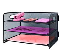 ideallife Bac à courrier à 3 niveaux avec poignée, organiseur de fichiers de bureau en maille métallique avec plateaux coulissants, trieur de papier pour la maison, le bureau, l'école, noir