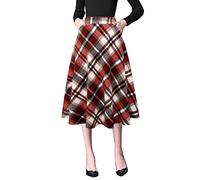 IDEALSANXUN Jupes à Carreaux pour Femmes Automne-Hiver Taille Haute Aline plissées Midi Jupes, Bordeaux, Taille M