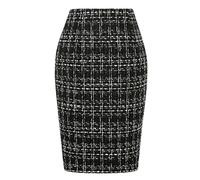 IDEALSANXUN Jupes midi à Carreaux pour Femmes 2023 Automne Hiver Longueur Genou Jupe Crayon en Laine avec Fente, Tweed Noir, XX-Large