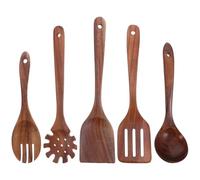 IDEANATEGRATE Ensemble D'ustensiles Cuisine en Bois 5 Pièces, Spatule et Cuillère pour Cuisson, Protection Antiadhésive, Nettoyage Facile, pour Cuisiner Quotidien