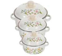 IDEANATEGRATE Lot de 3 Set de Marmites Émaillées Vintage Double Anse, Fond Plat, pour Cuisson Soupe, Lait et Nouilles Instantanées, Petite Casserole Pratique Cuisine Maison