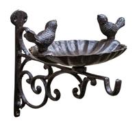 IDEANATEGRATE Mangeoire à Oiseaux en Fonte Murale Support à Crochet Marron pour Jardin Extérieur Été, Bol Suspendu en Fer Décoration Classique et 2 Oiseaux Décoratifs