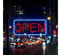 iDecoMart Panneau LED ouvert de 40,6 x 22,9 cm pour fenêtre d'entreprise - Panneau néon ultra lumineux à 5 modes avec variateur d'intensité à 5 niveaux, panneau lumineux alimenté par USB ou par piles