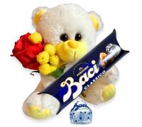 Idée cadeau NARAMAKI® pour la fête des mères 2025 - Ours en peluche jaune + brin de mimosa + rose artificielle + Baci Perugina 37,5 gr | Cadeau Homme|Femme|Maman