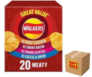 Idée cadeau Walkers Meaty Variety Chips Boîte multipack 20 x 25 g | Saveurs assorties pour une collation ultime Poulet rôti, bacon fumé, cocktail de crevettes, fromage et oignon
