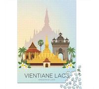 Idée Noël Adulte Vientiane Laos Landmark Illustration Puzzle en Bois | Pour la période de l'Avent : ce puzzle adulte 1000 pièces propose un défi plus long pour les journées d'hiver.