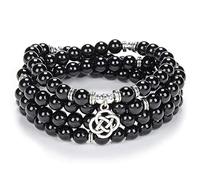 Idées cadeaux celtiques 108 perles de pierre mala bracelet collier en cristal avec noeud infini porte-bonheur (Agate Onyx Noir (Black Onyx Agate))