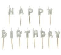 IDEGOS Bougie d'Anniversaire 'Happy Birthday', 13 Bougies Lettres en Argent Pailletées, Sans Parfum, Intérieur, Fête (Party), Argent, 42 gramme