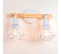 iDEGU 2 Lampes Applique Murale Interieur Vintage Luminaire E14 Design Cage Industriel Lampe Murale en Métal et Bois Réglable Plafonnier Éclairage Mural pour Chambre Salon Cuisine Café (11cm, Blanc)