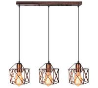 iDEGU 3 Lampes Suspension Luminaire Industriel Vintage en Métal Cage Lustre Plafonnier Abat-Jour Géométrique Design Luminaire E27 Lampe de Plafond avec Barre pour Chambre salle à manger Salon, Rouille