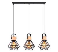 iDEGU 3 Lampes Suspension Luminaire Industrielle, 16CM Vintage Lustre Suspension en Fer et Bois Rétro Cage Design Noir E27 Lampe de Plafond pour Salon Chambre Cuisine Salle à Manger (Type Barre)