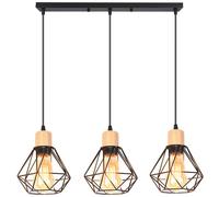 iDEGU 3 Lampes Suspension Luminaire Industrielle Métal Bois Lustre Plafonnier Style Cage Géométrique Éclairage E27 Lampe de Plafond Vintage pour Salon Cuisine Salle à Manger Café, Noir, Ø 16cm (Barre)