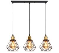 iDEGU 3 Lampes Suspension Luminaire Industrielle Métal Lustre Plafonnier Style Cage Éclairage E27 Lampe de Plafond Vintage pour Salon Cuisine Salle à Manger Café, Noir, Ø 16cm (Barre, Douille Laiton)