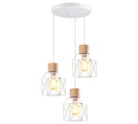 iDEGU 3 Lampes Suspension Luminaire Vintage Lustre Industriel en Bois Métal Rétro Plafonnier Abat-Jour Design Cage E27 Éclairage de Plafond pour Salon Chambre Cuisine (Blanc, Bois, Cercle)