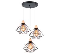 iDEGU 3 Lumières Lustre Industriel, 22CM Vintage Suspension Luminaire en Bois et Fer Rétro Plafonnier Design Cage Noir E27 Lampe de Plafond pour Chambre Salon Cuisine Salle à Manger