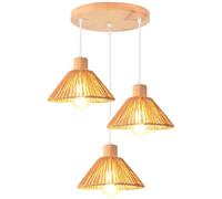 iDEGU 3 Lumières Suspension Luminaire en Rotin et Bois Vintage 22cm Plafonnier Abat-jour Tissage Lustre Style Bohème Rétro E27 Lampe de Plafond pour Salon Chambre Cuisine Restaurant (Cercle, Marron)
