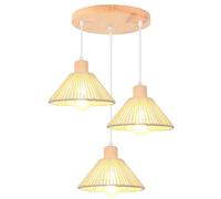 iDEGU 3 Lumières Suspension Luminaire en Rotin et Bois Vintage 22cm Plafonnier Abat-jour Tissage Lustre Style Bohème Rétro E27 Lampe de Plafond pour Salon Chambre Cuisine Restaurant (Cercle, Blanc)