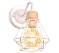 iDEGU Applique Murale Industrielle E27 Luminaire Abat-jour en Bois et Métal Design Cage 16CM Rétro Éclairage Mural Vintage Lampe Murale Interieur pour Chambre Salon Couloir Cuisine Café (Blanc)
