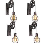 iDEGU Applique Murale Industrielle, Lampe Murale Vintage Style Poulie E27 Plafonnier Luminaire en Bois et Fer Lampe Supension pour Salon Restaurant Bar - Rouille Noire (4 Pièces)