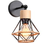 iDEGU Applique Murale Intérieure en Bois Vintage Lampe Murale Industrielle Design Cage Plafonnier Luminaire Abat-jour en Métal avec Corde de Chanvre Réglable Éclairage Mural Salon Chambre Cuisine