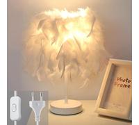 iDEGU Lampe de Table avec Ø 20cm Abat-jour en Plume Luminaire E27 Lampe de Chevet avec Interrupteur et Prise EU Moderne Éclairage de Bureau pour Chambre D'enfant, Salon (Blanc)