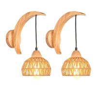 iDEGU Lot de 2 Applique Murale Intérieure en Bois et Rotin Suspension Luminaire Industrielle Design Croissant E27 Éclairage Mural Réglable Lampe Murale Vintage pour Chambre Salon Couloir Café (Marron)