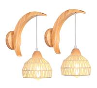 iDEGU Lot de 2 Applique Murale Intérieure en Bois et Rotin Suspension Luminaire Industrielle Design Croissant E27 Éclairage Mural Réglable Lampe Murale Vintage pour Chambre Salon Couloir Café (Blanc)