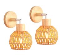 iDEGU Lot de 2 Applique Murale Rétro, 15CM Vintage Lampe Murale Interieur en Rotin Bois Luminaire Abat-jour Design Boule Réglable Plafonnier Éclairage Mural pour Chambre Salon Couloir Cuisine (Marron)