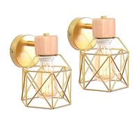 iDEGU Lot de 2 Appliques Murales Industrielles Design Cage en Métal Lampe Murale Bois Décoration Réglable Plafonnier Vintage Luminaire Mural Interieur pour Chambre Couloir Salon, 15CM (Doré)