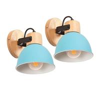iDEGU Lot de 2 Appliques Murales Interieures 15cm Rétro Spot LED Lampe Murale Insustrielle en Bois Fer Vintage Luminaire Réglable Lustre Plafonnier E27 Éclairage Mural pour Chambre Salon (Bleu)