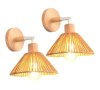 iDEGU Lot de 2 Appliques Murales Intérieures Rétro E27 Lampe Murale en Bois Métal Style Bohème 22cm Luminaire Abat-jour en Rotin Réglable Plafonnier Applique Vintage pour Salon Chambre Café (Brun)