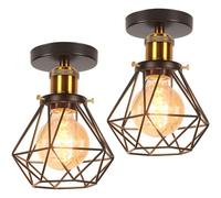 iDEGU Lot de 2 Lustre Plafonnier Industriel Métal Suspension Luminaire Style Cage Géométrique E27 Mini Lampe de Plafond Vintage pour Couloir Entrée, Noir, Ø 16cm (Plafond, Douille Laiton)