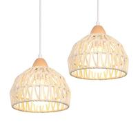 iDEGU Lot de 2 Lustres Suspensions Rétro Suspension Luminaire Vintage Style Demi-Cercle Plafonnier E27 en Bois et Rotin Lampe Suspension pour Chambre Salle à Manger Cuisine Café Bar, Ø 20CM (Blanc)