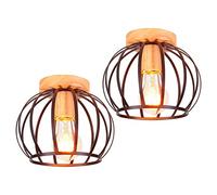iDEGU Lot de 2 Plafonniers Industriels en Bois Métal Design Cage Vintage Lustre Suspension Noir Abat-Jour Luminaire E27 Rétro Lampe de Plafond de Rendu pour Salon Couloir Restaurent Bar (Melon, 19cm)