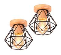 iDEGU Lot de 2 Plafonniers Industriels en Bois Métal Design Cage Vintage Lustre Suspension Noir Abat-Jour Luminaire E27 Rétro Lampe de Plafond de Rendu pour Salon Couloir Restaurent (Cage-A, 16cm)